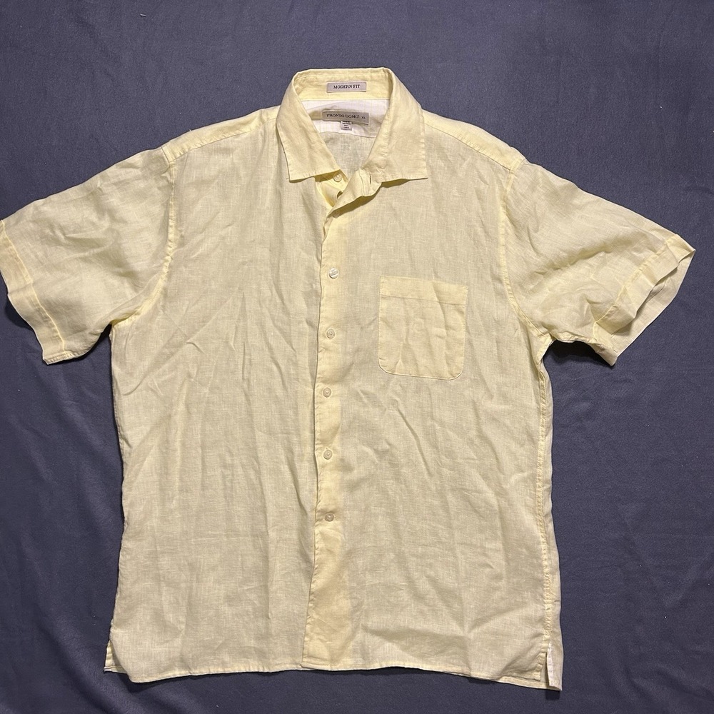 Pronto‎ Uomo Men's Shirt Size XL Yellow Short Sleeve Button Front 100% Linen